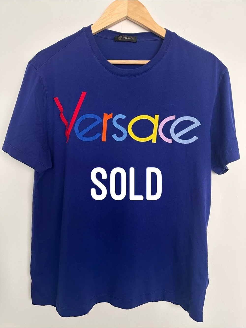 Versace Blue Multicolor Logo Embroidered 
T-Shirt Medium Luxury Italy Made RARE